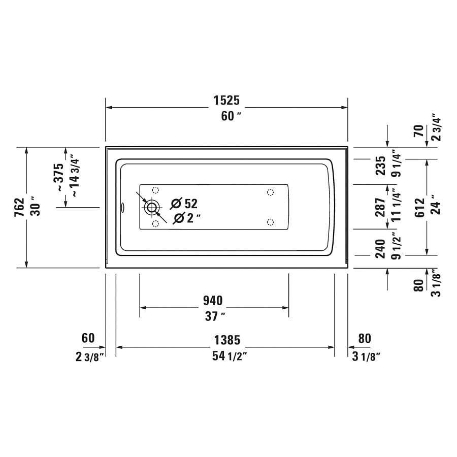 Architec Alcove Tub, 60 x 30 x 20-1/2 in, Left Hand Drain, White