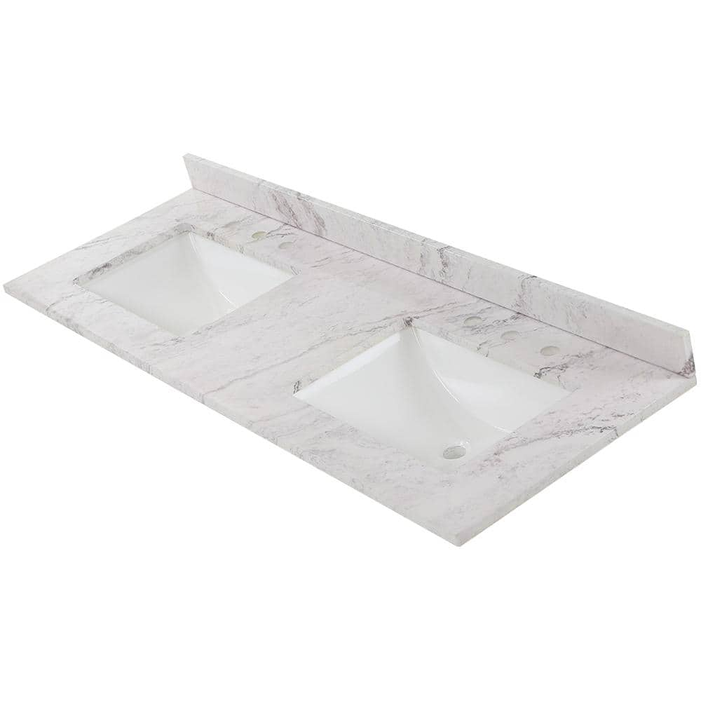 61 in. W x 22 in. D Cultured Marble White Rectangular Double Sink Vanity Top in Lunar