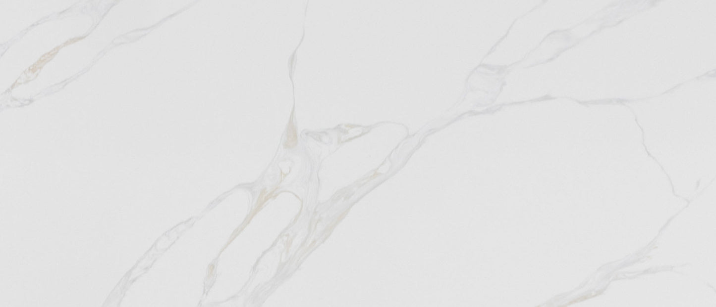 Calacatta Rivessa grey quartz by MSI, light grey background with gentle golden veins.