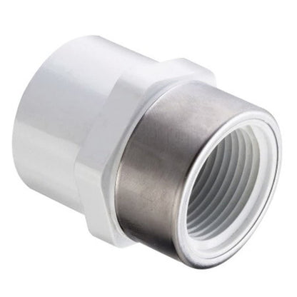 Female Adapter, 1-1/4 in, Socket x Stainless Steel Reinforced FNPT, SCH 40/STD, PVC