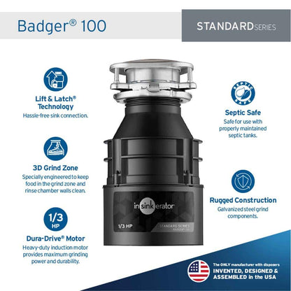 Badger 100, 1/3 HP Continuous Feed Kitchen Garbage Disposal, Standard Series