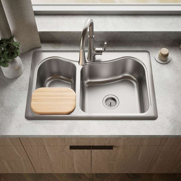 Staccato 33" Double Basin Drop In 18-Gauge Stainless Steel Kitchen Sink with SilentShield, Cutting Board, and Single Faucet Hole