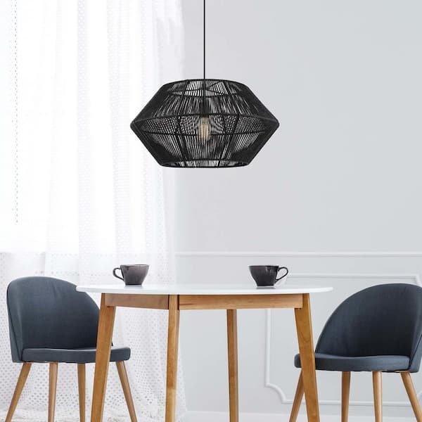 Terra 1-Light Matte Black Chandelier with Natural Twine Shade and Designer Black Cloth Hanging Cord