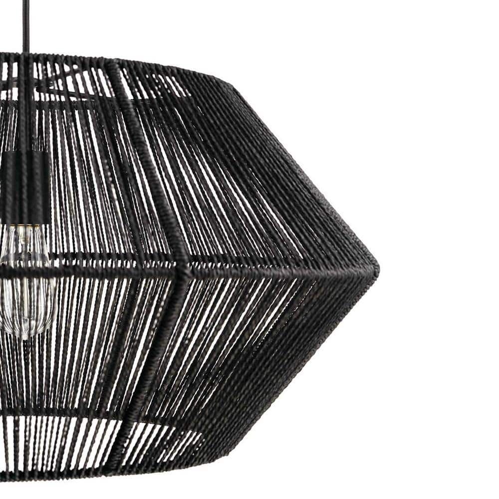 Terra 1-Light Matte Black Chandelier with Natural Twine Shade and Designer Black Cloth Hanging Cord