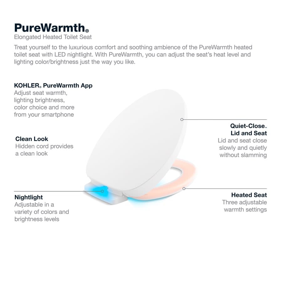 PureWarmth Elongated Toilet Seat and Lid with Soft Close, Quick Release, and Night Light