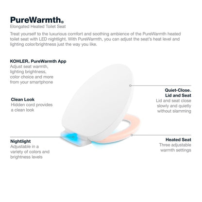 PureWarmth Elongated Toilet Seat and Lid with Soft Close, Quick Release, and Night Light