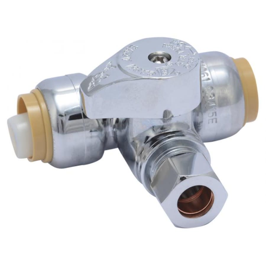 Quarter Turn Tee Stop, 1/2 x 3/8 in, Push x Comp, Chrome