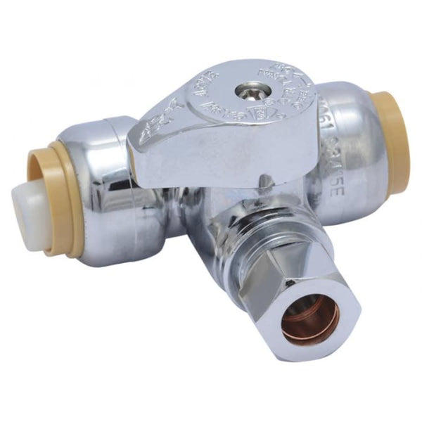 Quarter Turn Tee Stop, 1/2 x 3/8 in, Push x Comp, Chrome