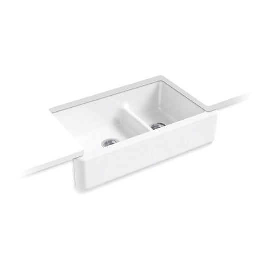 Whitehaven® Double Bowl Kitchen Sink, Apron Mount, 35-11/16 x 21-9/16 in, 9 in Bowl Depth, Cast Iron, White