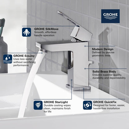 Eurocube 1.2 GPM Single Hole Bathroom Faucet with StarLight, SilkMove, EcoJoy, and QuickFix Technologies - Includes Pop-Up Drain Assembly