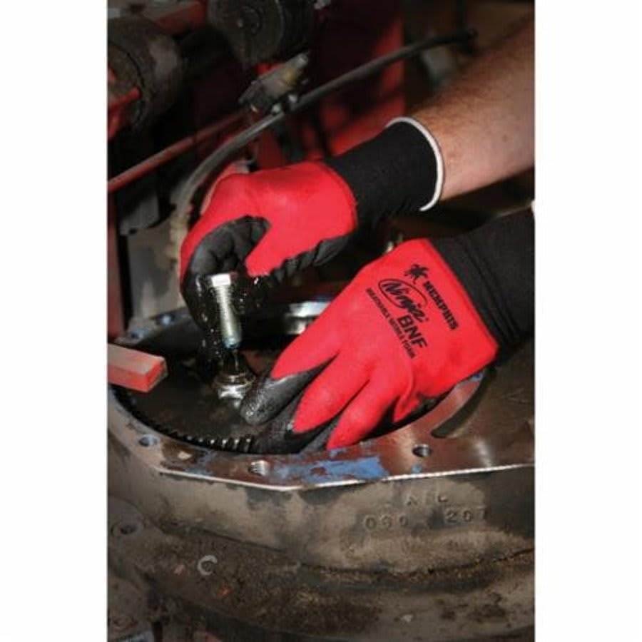 Ninja® N96970 Dipped Gloves, Coated, XL, 18 ga, Nylon, Black/Red