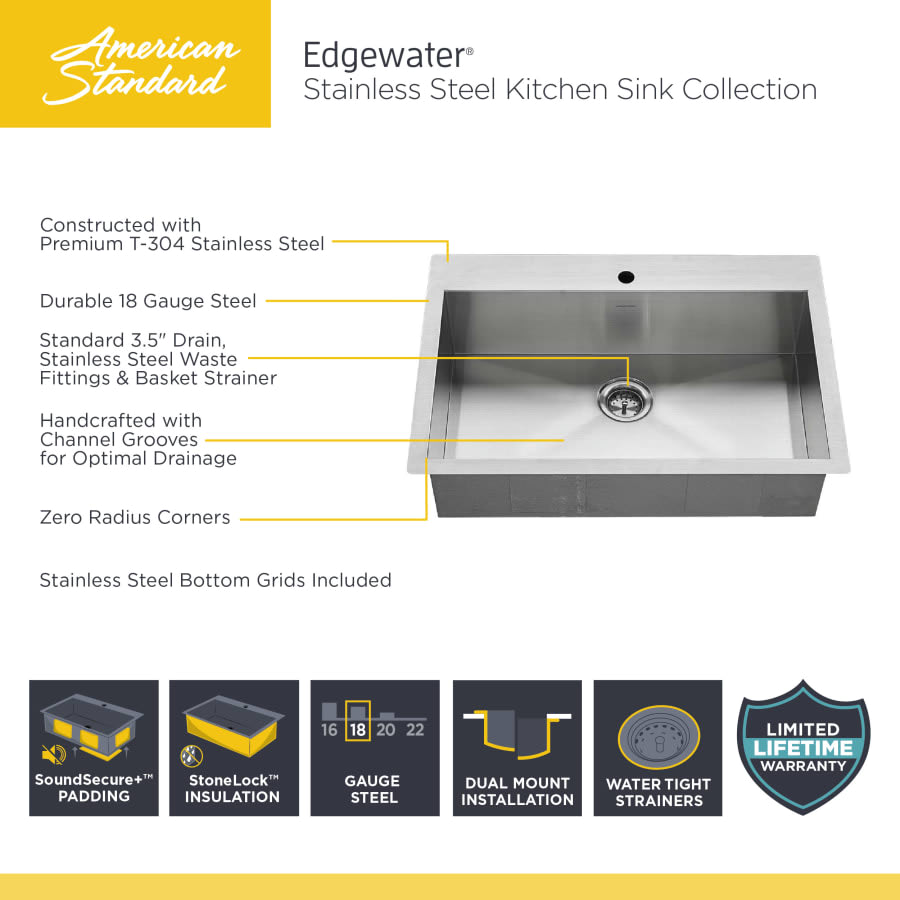 Edgewater 25" Single Basin Stainless Steel Kitchen Sink for Drop In or Undermount Installations with Single Faucet Hole - Drain Included