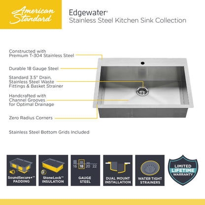 Edgewater 25" Single Basin Stainless Steel Kitchen Sink for Drop In or Undermount Installations with Single Faucet Hole - Drain Included