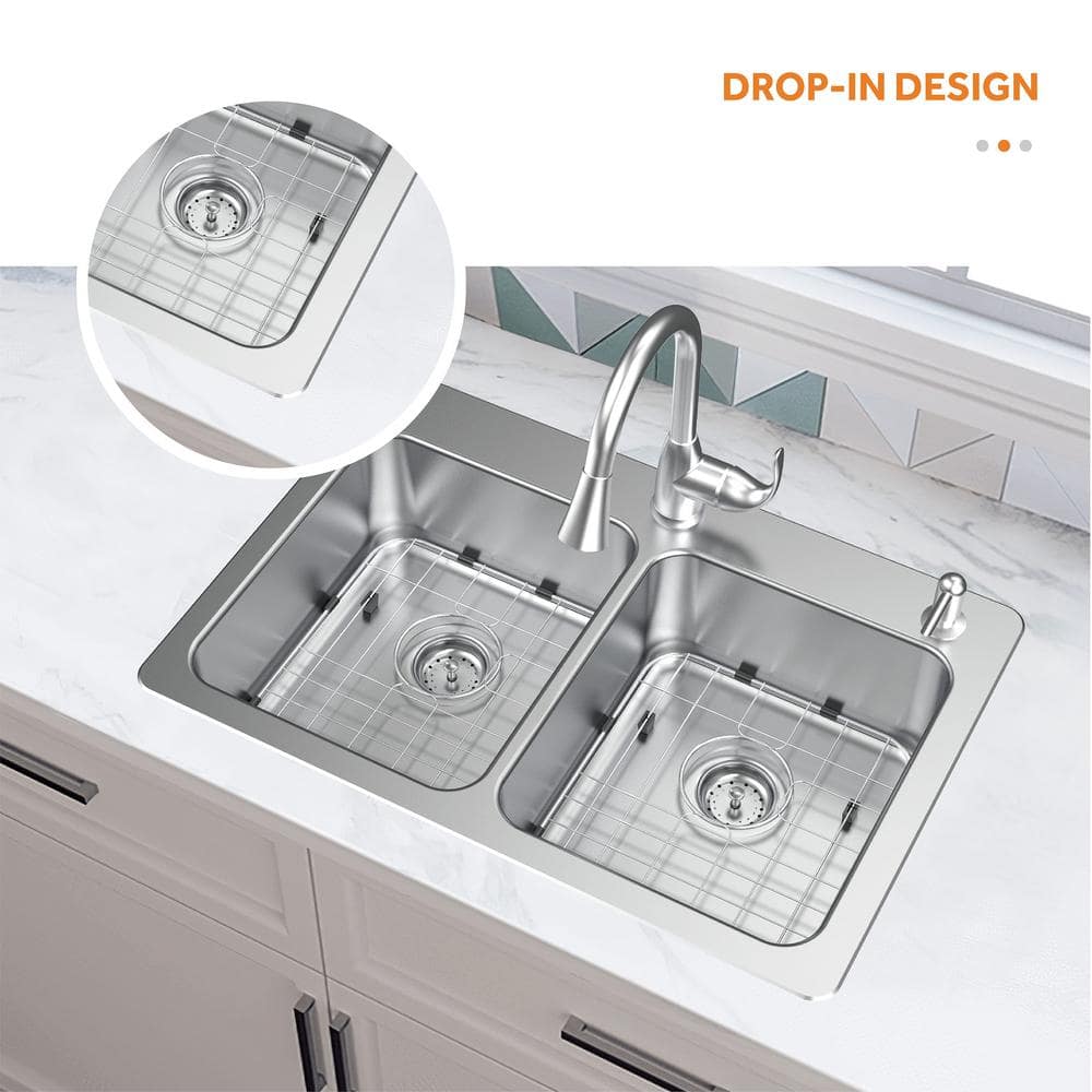 Bratten 33 in. Drop-In 50/50 Double Bowl 18 Gauge Stainless Steel Kitchen Sink with Accessories