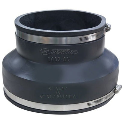 Transition Coupling, 8 x 6 in, Clay x Cast Iron/Plastic, Flexible PVC