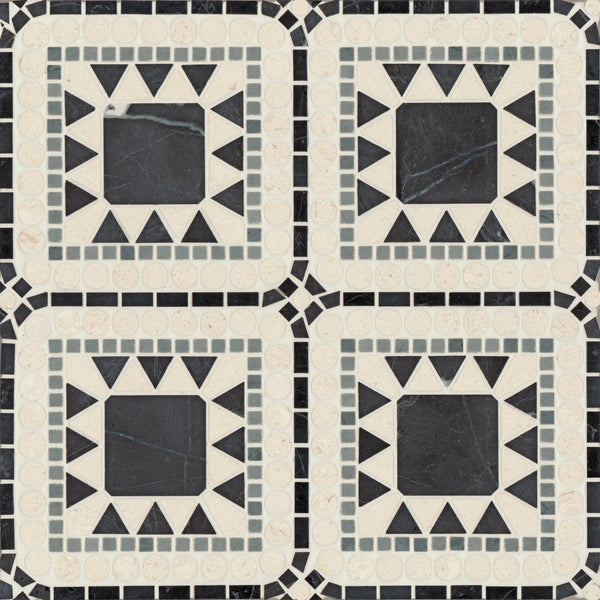 Atrium Honed Marble Blend Mosaic Tile in Nero Marquina, Bardiglio & Myra Beige