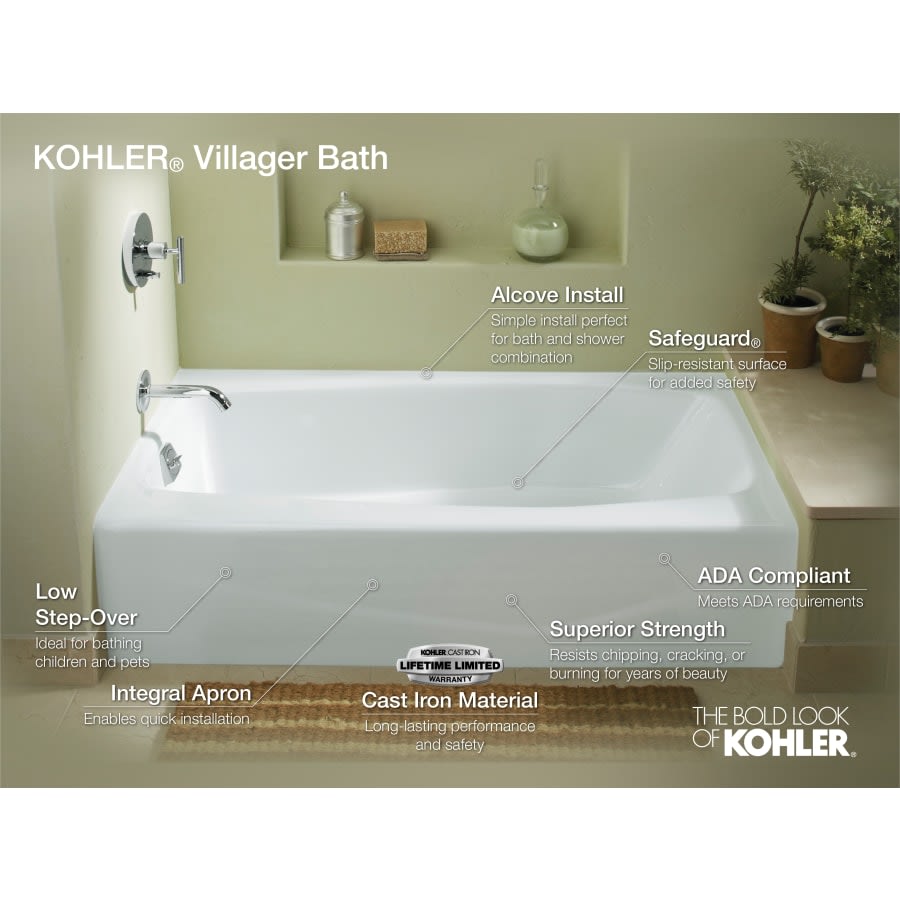 Villager Collection 60" Three Wall Alcove Cast Iron Three Wall Alcove Soaking Bath Tub with Left Hand Drain