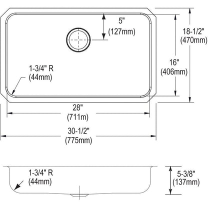 Lustertone™ Classic Single Bowl Kitchen Sink, Under Mount, ADA, 30-1/2 x 18-1/2 in, 5-3/8 in Bowl Depth, 18 ga Lustrous Satin Steel, Stainless