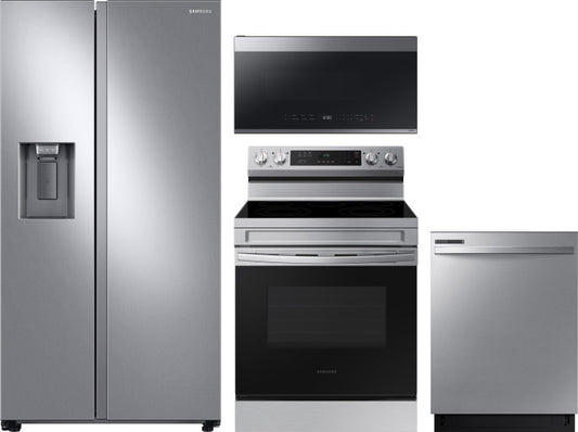 Samsung 4 Piece Kitchen Appliances Package with Side-by-Side Refrigerator, Electric Range, Dishwasher and Over the Range Microwave in Stainless Steel