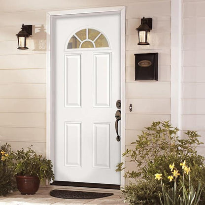 32 in. x 80 in. Premium Fan Lite Right-Hand Inswing Primed Steel Prehung Front Exterior Door with Brickmold