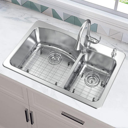 33 in. Drop-In 60/40 Double Bowl 18 Gauge Stainless Steel Kitchen Sink with Pull-Down Faucet