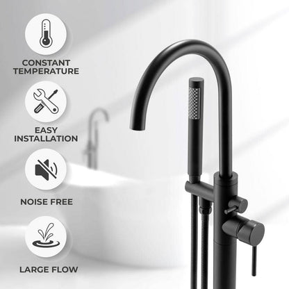 1-Handle Freestanding Floor Mount Tub Faucet Bathtub Filler with Hand Shower in Matte Black