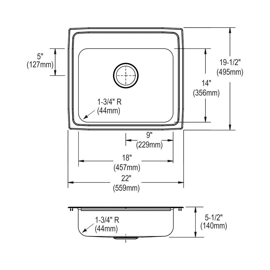 Lustertone™ Classic Single Bowl Kitchen Sink, Top Mount, ADA, 22 x 19-1/2 in, 5-3/8 in Bowl Depth, 18 ga Lustrous Satin Steel, Stainless