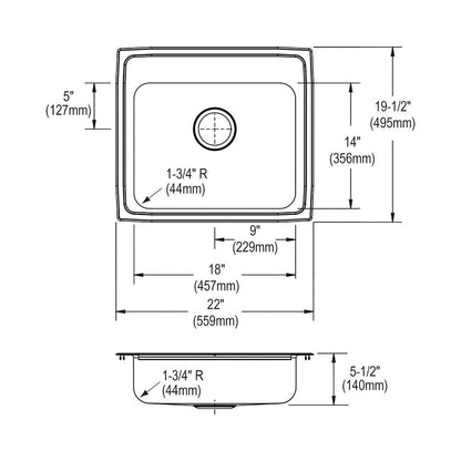 Lustertone™ Classic Single Bowl Kitchen Sink, Top Mount, ADA, 22 x 19-1/2 in, 5-3/8 in Bowl Depth, 18 ga Lustrous Satin Steel, Stainless