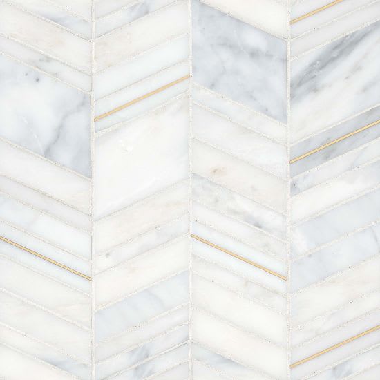 Ferrara Bianco Chevron Mix Size Mosaic W-Brass Honed