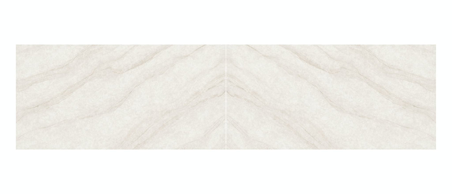 IvoriTaj Brushed Quartz by MSI: Rectangular tile, brushed finish, light beige with subtle wavy grey veins and mirrored center.