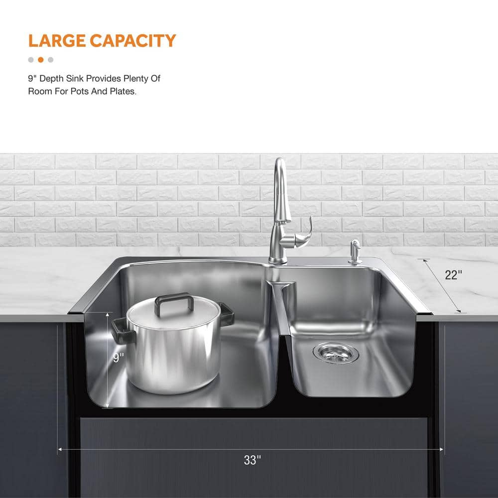 33 in. Drop-In 60/40 Double Bowl 18 Gauge Stainless Steel Kitchen Sink with Pull-Down Faucet