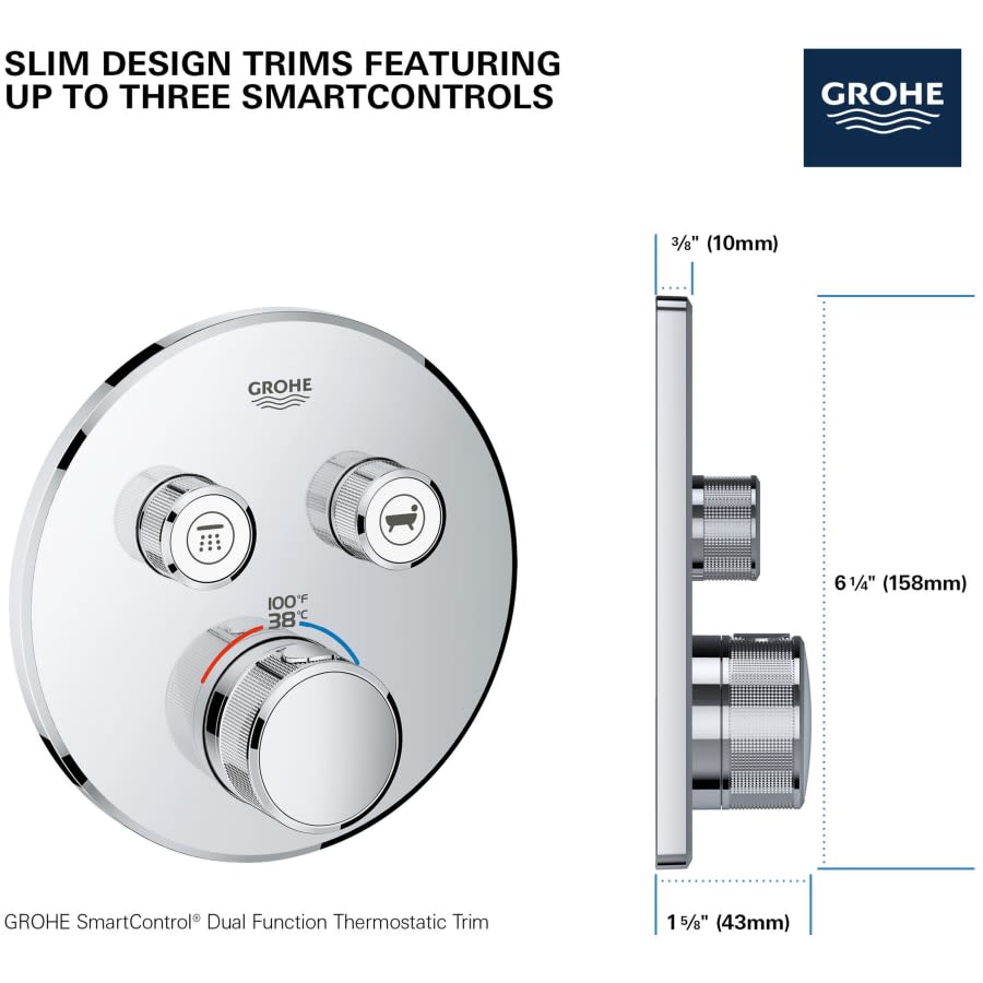 Grohtherm Dual Function Thermostatic Valve Trim Only with Triple Knob Handles and Volume Control - Less Rough In