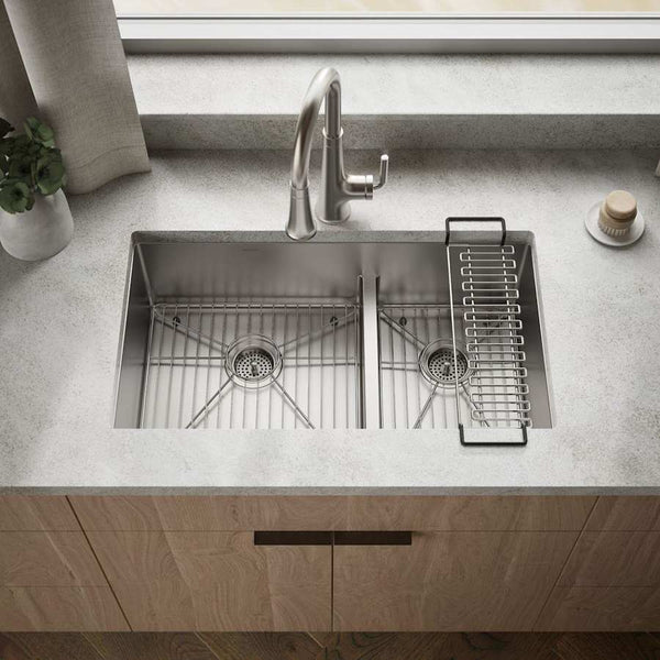 Strive 32" Smart DivideÂ® Under-Mount Large/Medium Double-Bowl Kitchen Sink With Basin Rack