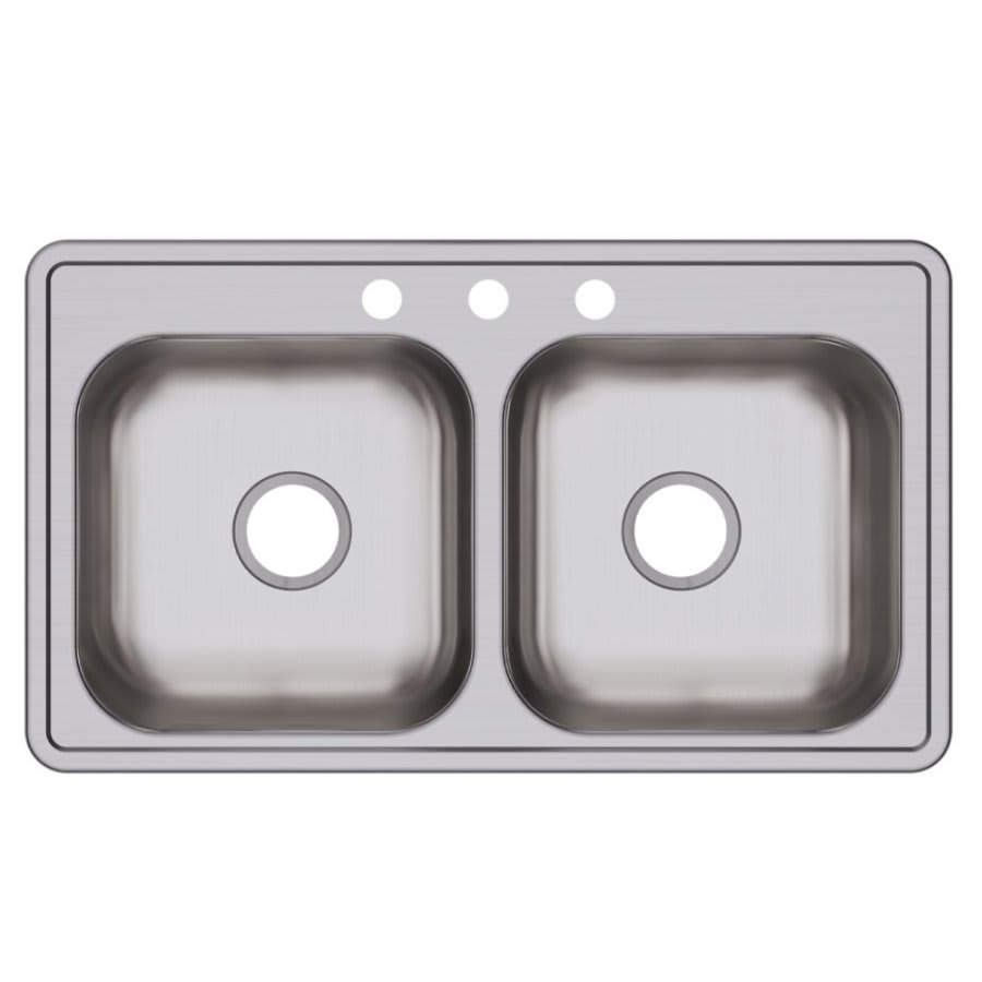Dayton® Double Bowl Kitchen Sink, Top Mount, ADA, 33 x 19 in, 6-5/16 in Bowl Depth, 3-Hole, 22 ga Satin Steel, Stainless