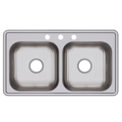 Dayton® Double Bowl Kitchen Sink, Top Mount, ADA, 33 x 19 in, 6-5/16 in Bowl Depth, 3-Hole, 22 ga Satin Steel, Stainless