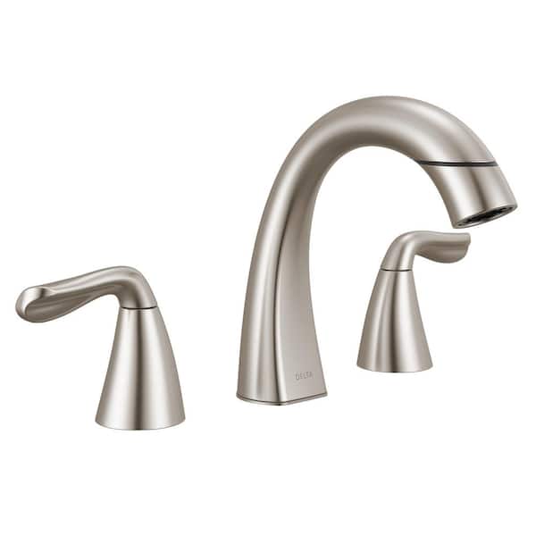 Delta Arvo Pull-Down Spout 8 in. Widespread Double Handle Bathroom Faucet Drain Included in Spotshield Brushed Nickel 35840LF-SPPD