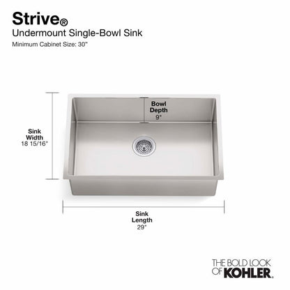 Strive 29" Single Basin Undermount 16-Gauge Stainless Steel Kitchen Sink with SilentShield with Basin Rack and Utility Shelf