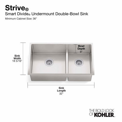 Strive 32" Smart DivideÂ® Under-Mount Large/Medium Double-Bowl Kitchen Sink With Basin Rack