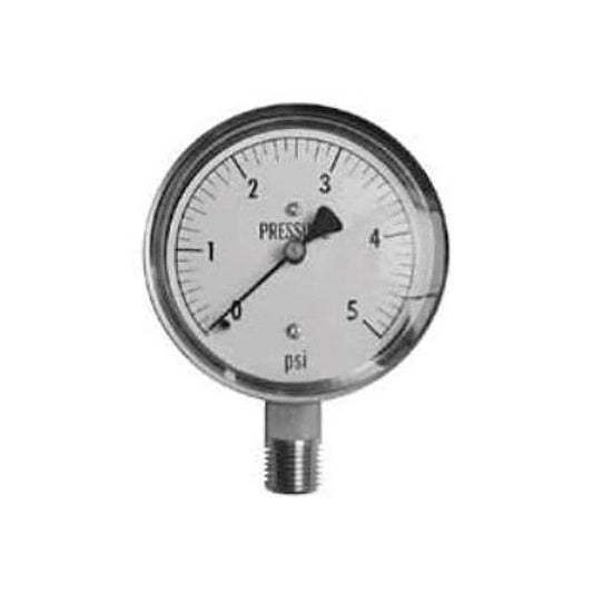 Pressure Gauge, 2-1/2 in Dia Dial, 0 to 5 psi, 1/4 in MNPT Bottom Connection