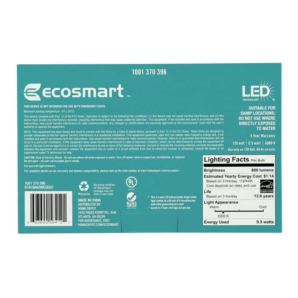 EcoSmart 60-Watt Equivalent A19 Dimmable Energy Star LED Light Bulb in Bright White (8-Pack)