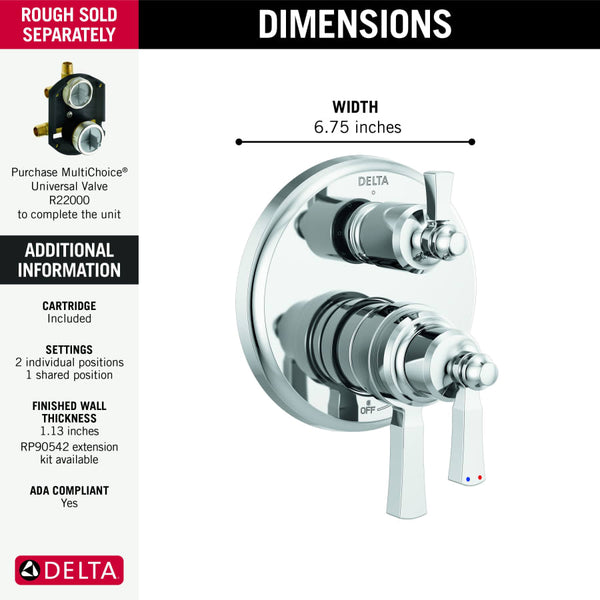 Dorval 17 Series Pressure Balanced Valve Trim with Integrated Volume Control and 3 Function Diverter for Two Shower Applications - Less Rough-In