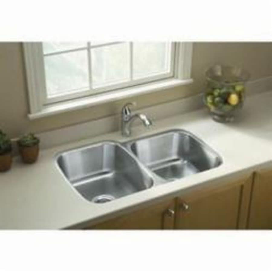 McAllister® Double Bowl Kitchen Sink, Under Mount, 31-1/2 x 20-1/2 in, 8 in Bowl Depth, 18 ga Luster Steel, Stainless