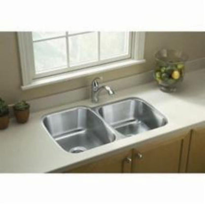 McAllister® Double Bowl Kitchen Sink, Under Mount, 31-1/2 x 20-1/2 in, 8 in Bowl Depth, 18 ga Luster Steel, Stainless