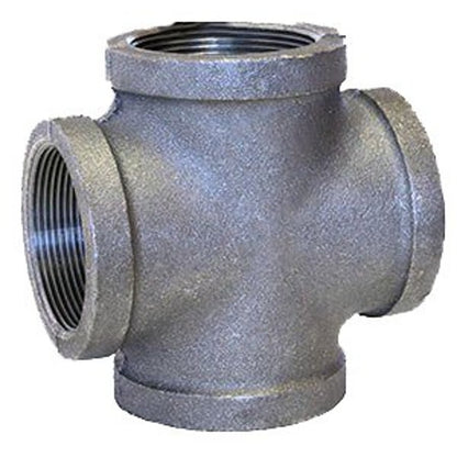 Cross, 3/8 in, FNPT, 150 lb, Malleable Iron, Black