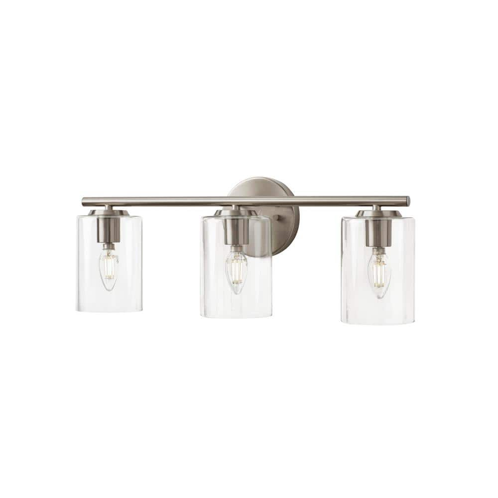 Champlain 22.375 in. 3-Light Brushed Nickel Modern Bathroom Vanity Light with Clear Glass Shades