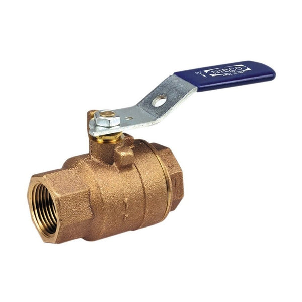 2-Piece Ball Valve, 1-1/4 in, FNPT, Full Port, Plated Brass Ball, Bronze