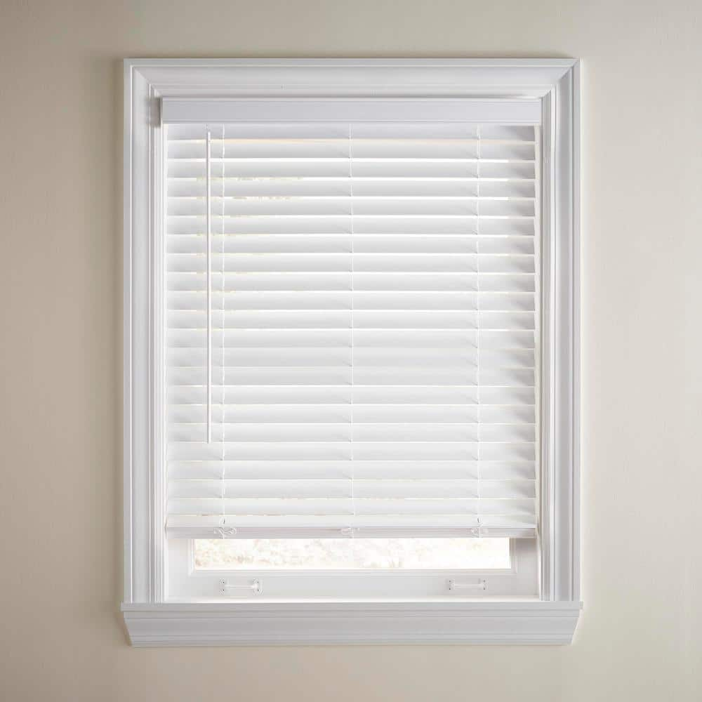 White Cordless Faux Wood Blinds for Windows with 2 in. Slats