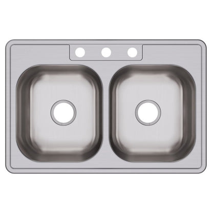 Dayton® Double Bowl Kitchen Sink, Top Mount, 33 x 22 in, 7-7/8 in Bowl Depth, 3-Hole, 20 ga Elite Satin Steel, Stainless