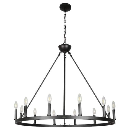 12-Light Matte Black Chandelier Wagon Wheel Steel Frame