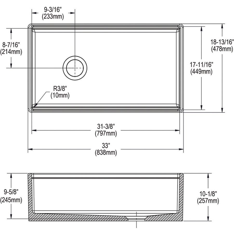 Single Bowl Kitchen Sink, Apron Mount, 33 x 18-13/16 in, 9-5/8 in Bowl Depth, Fireclay, White